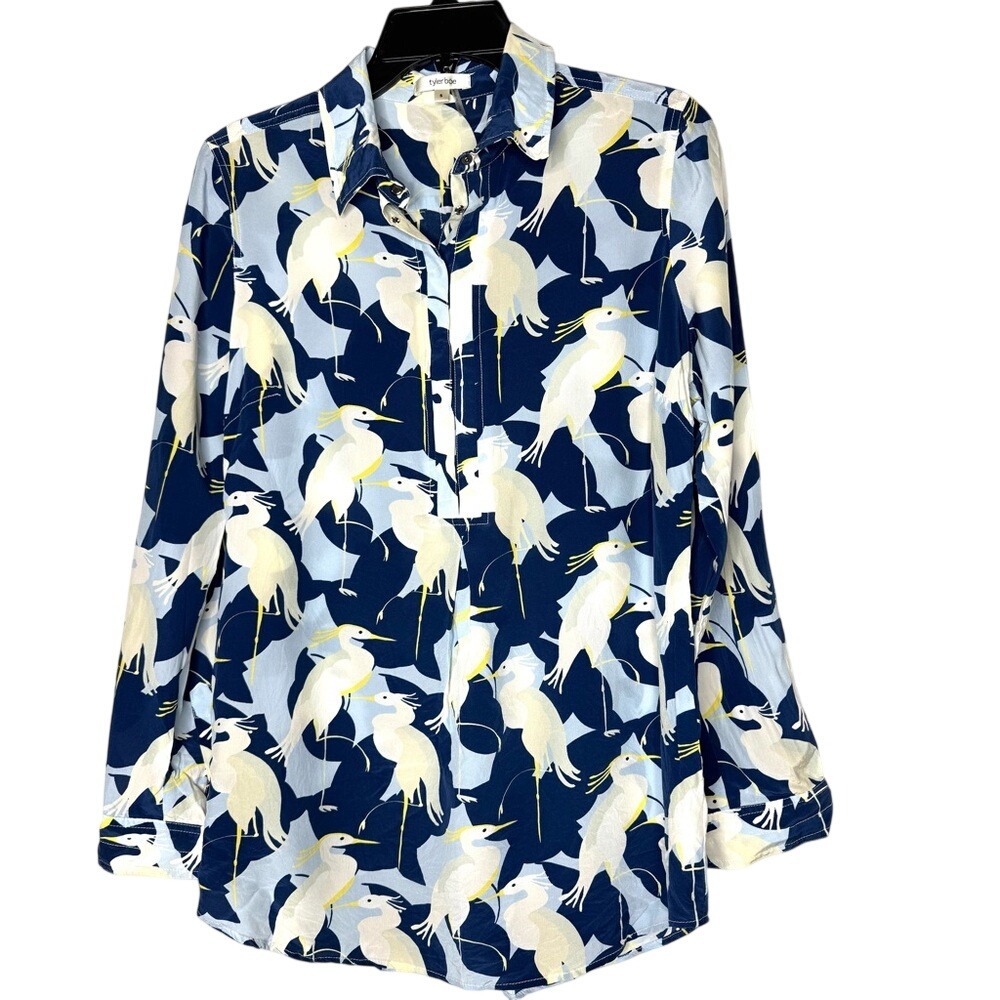 Tyler Boe Womens Silk Bird Print Blouse Sz S 1/4 Button Long Sleeve Maximalist